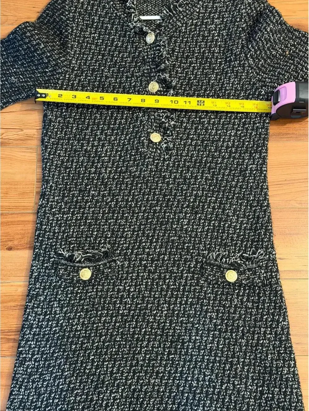 H&M Tweed Dress Black White Fringe Gold Button Short Sleeve Women’s M - Picture 2 of 4